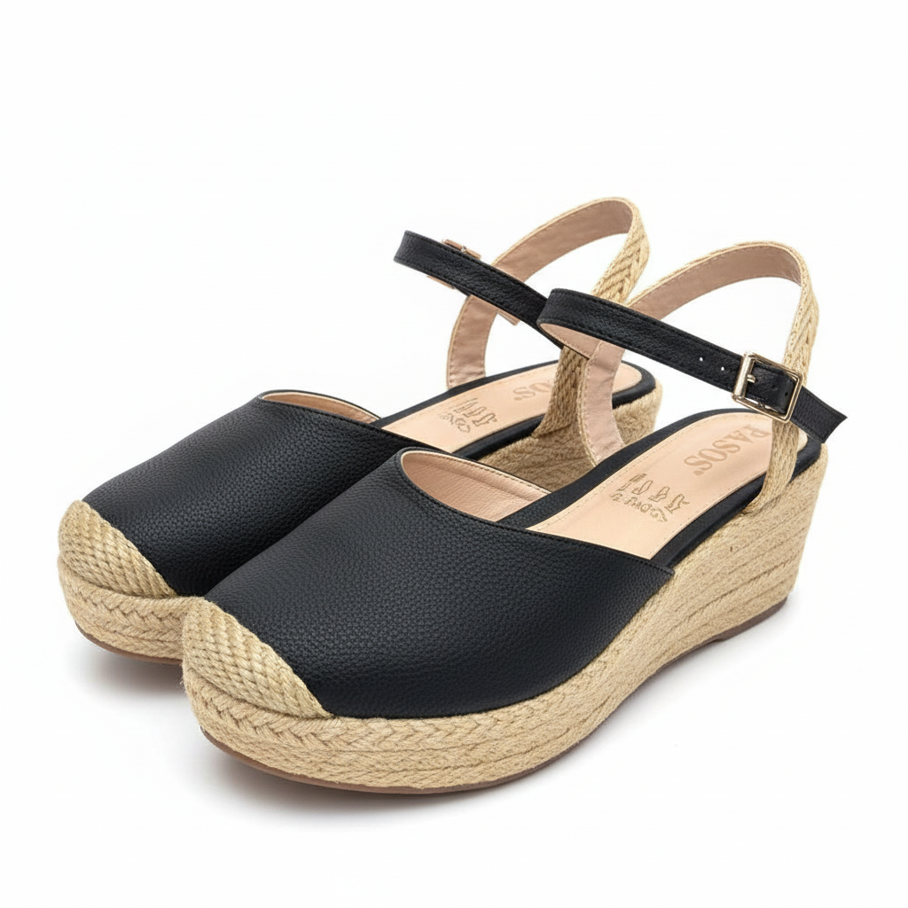 Vista angular frontal par de sandalias negras tipo zueco plataforma yute Ref 7763