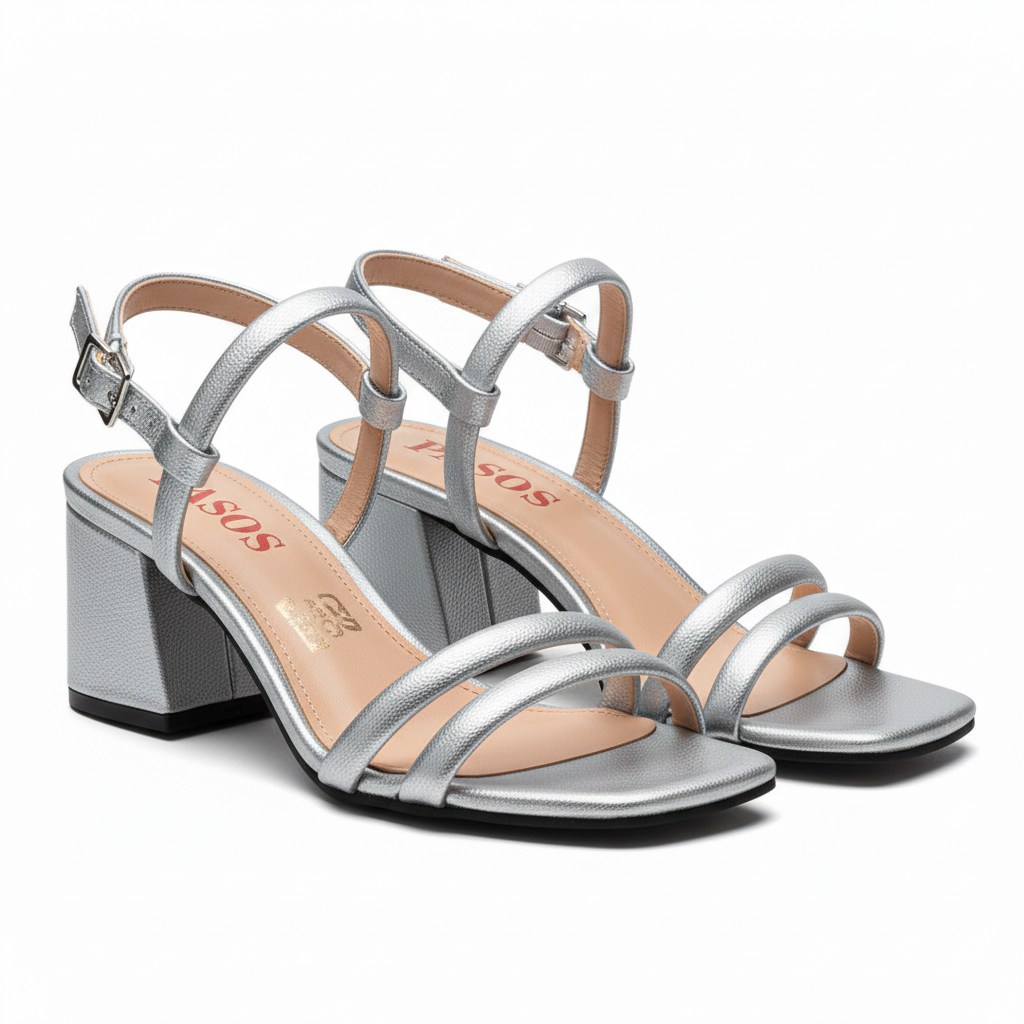 Vista angular frontal par de sandalias plateadas Ref 7589