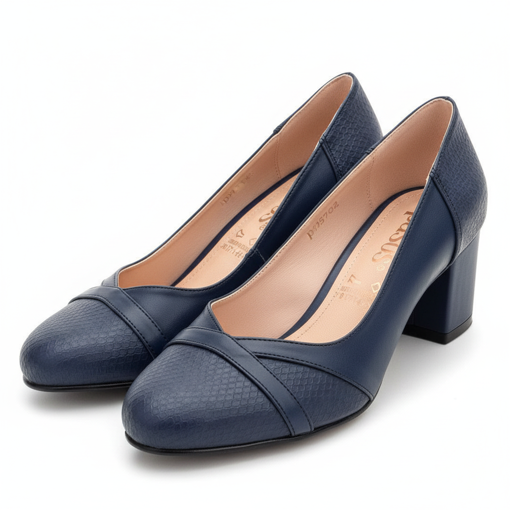 Vista angular frontal par de zapatos azules tacón bloque con textura cocodrilo Ref 7999