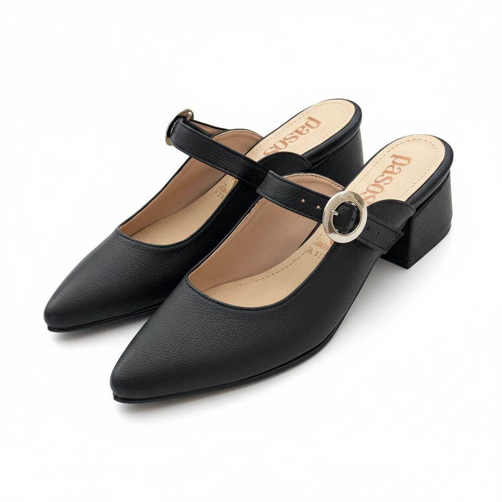Vista angular frontal par de zapatos Mary Jane negro tacón bloque Ref 8175