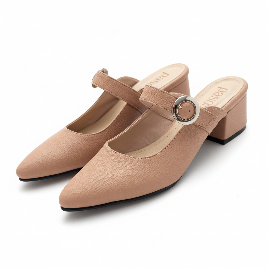 Vista angular frontal par de zapatos Mary Jane nude rosado tacón bloque Ref 8175
