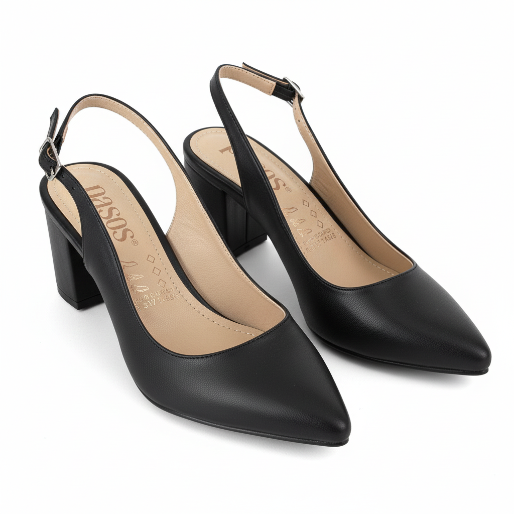 Vista angular frontal par de zapatos slingback negros tacón bloque Ref 7320