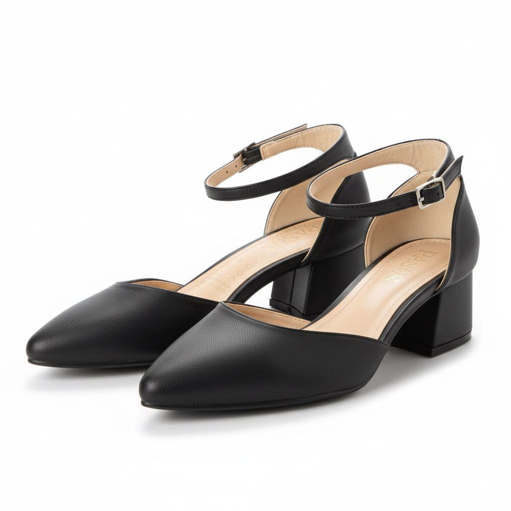 Vista angular frontal par de zapatos slingback negros tacón bloque Ref 7858