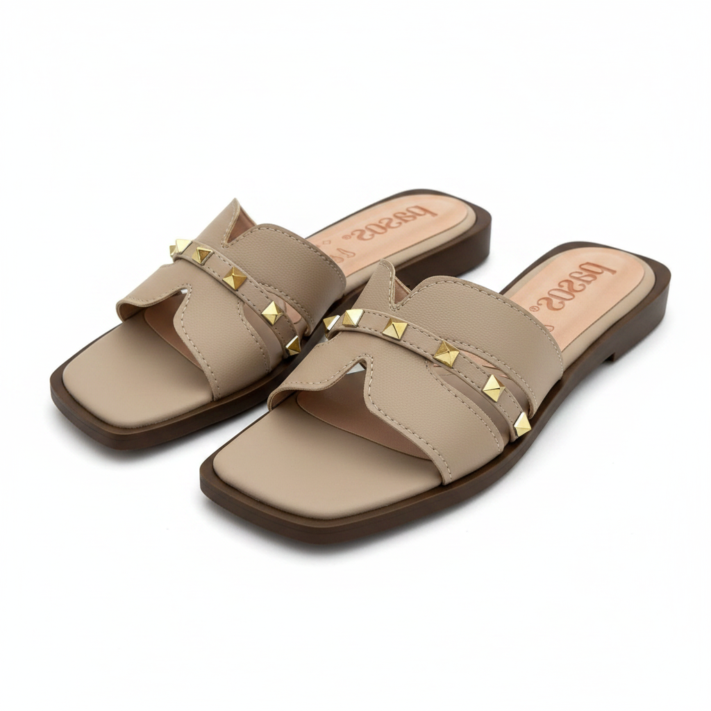 Vista angular frontal par mule beige plana dos correas rockstud dorado suela chocolate Ref 8204