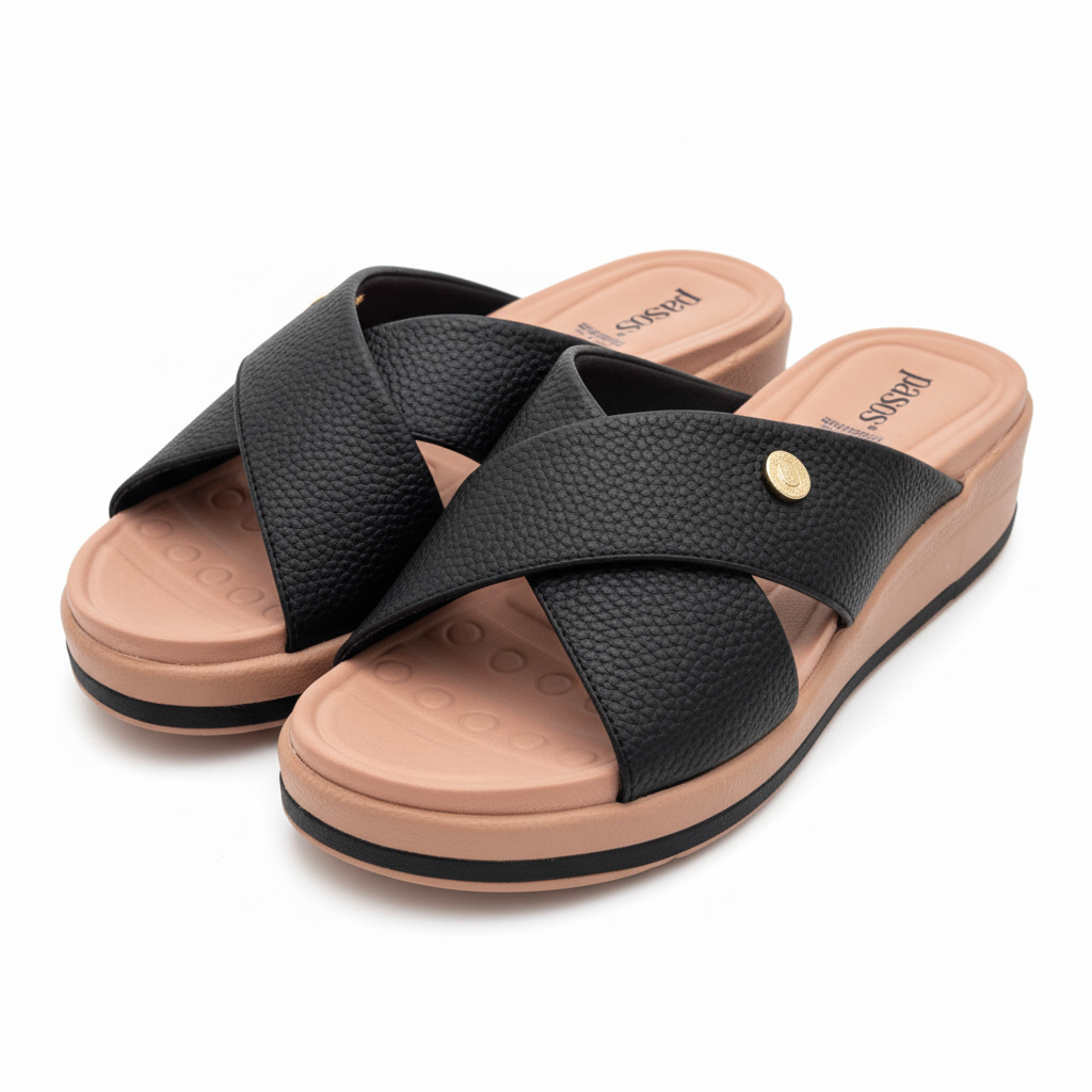 Vista angular frontal par mule negra cruzada X plataforma rosa nude Ref 8079