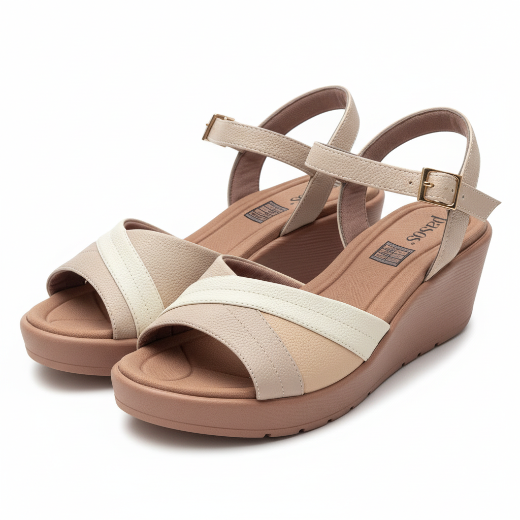 Vista angular frontal par sandalia beige cuña dos tonos Ref 8013