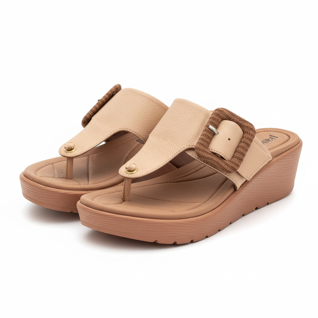 Vista angular frontal par sandalia beige thong cuña salmón hebilla yute Ref 8015