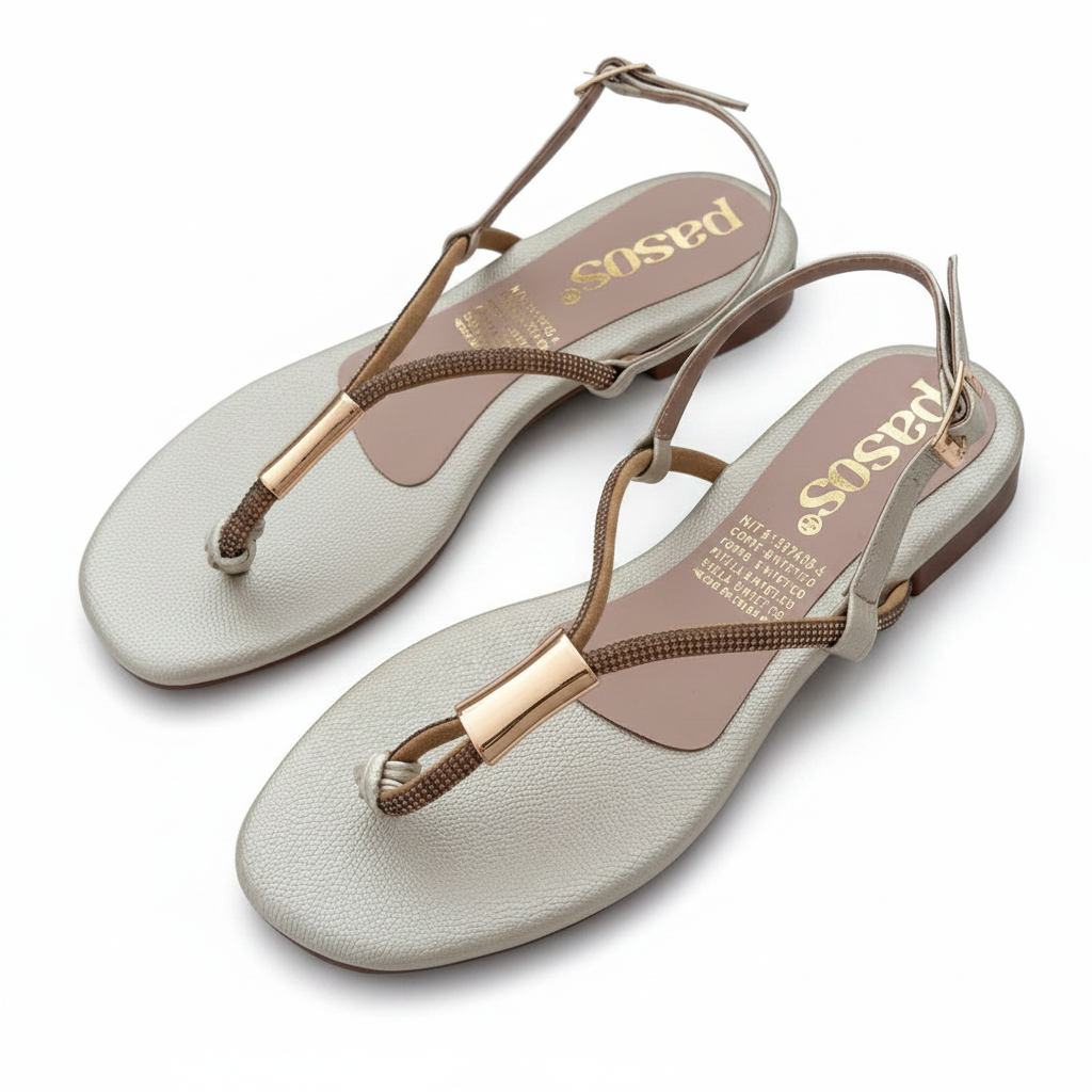 Vista angular frontal par sandalia champaña T-strap strass placa rose gold hebilla cuadrada dorada Ref 8184
