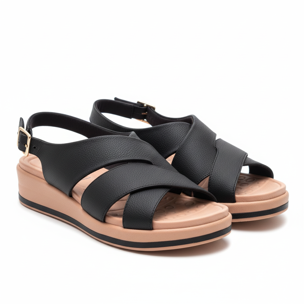 Vista angular frontal par sandalia negra cruzada X plataforma camel Ref 8078