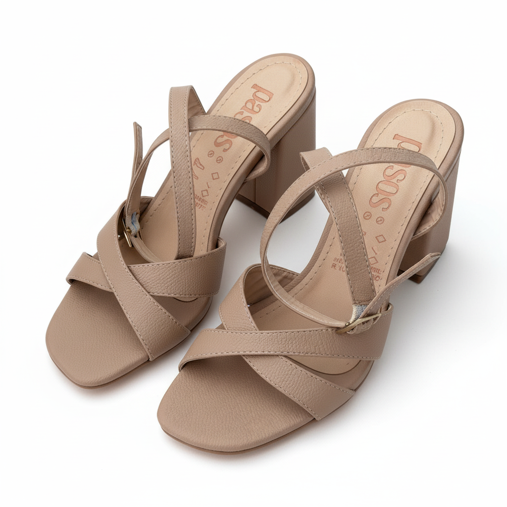 Vista angular frontal par sandalias nude tiras cruzadas diseño exacto Ref 8179
