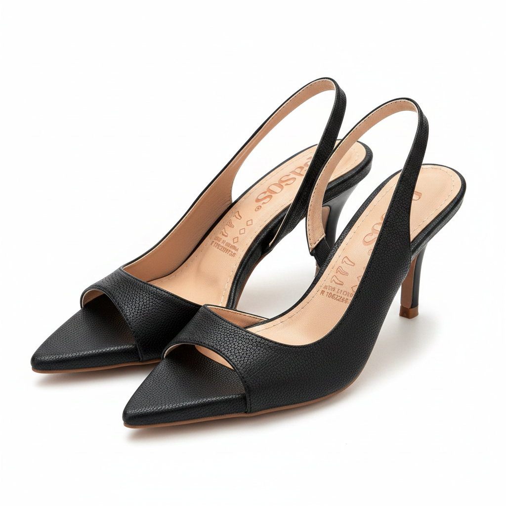 Vista angular frontal par slingback negro saffiano stiletto d'Orsay punta puntiaguda Ref 8202