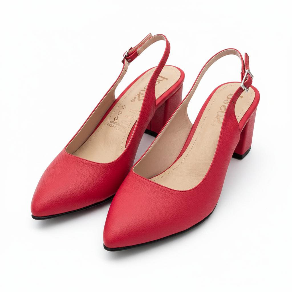 Vista angular frontal par slingback rojo tacón bloque punta puntiaguda borde negro Ref 7320