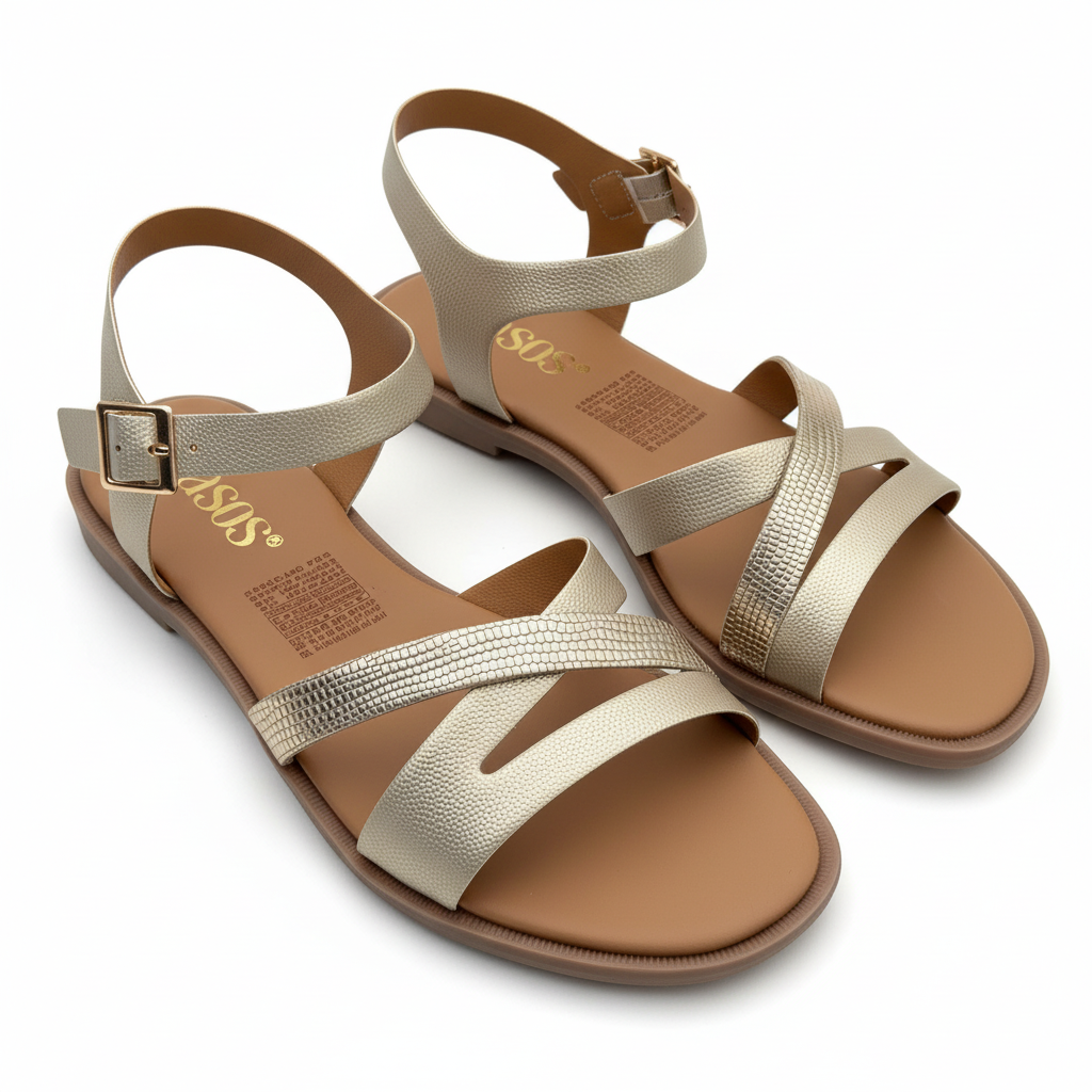 Vista angular frontal sandalia champaña con tiras
