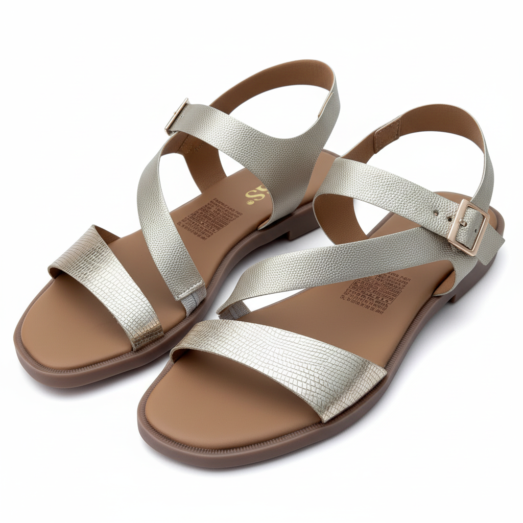 Vista angular frontal sandalia champaña con tiras