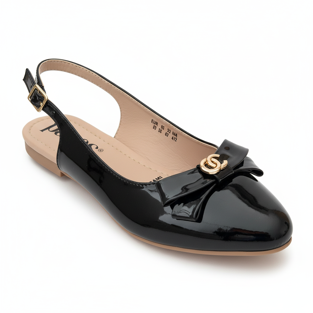 Vista angular frontal sandalia destalonada charol negro diseño original Ref 8143