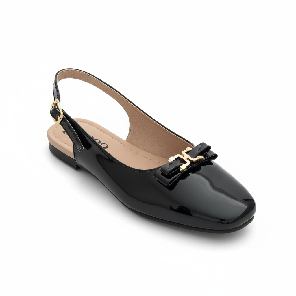 Vista angular frontal sandalia destalonada charol negro Ref 8150