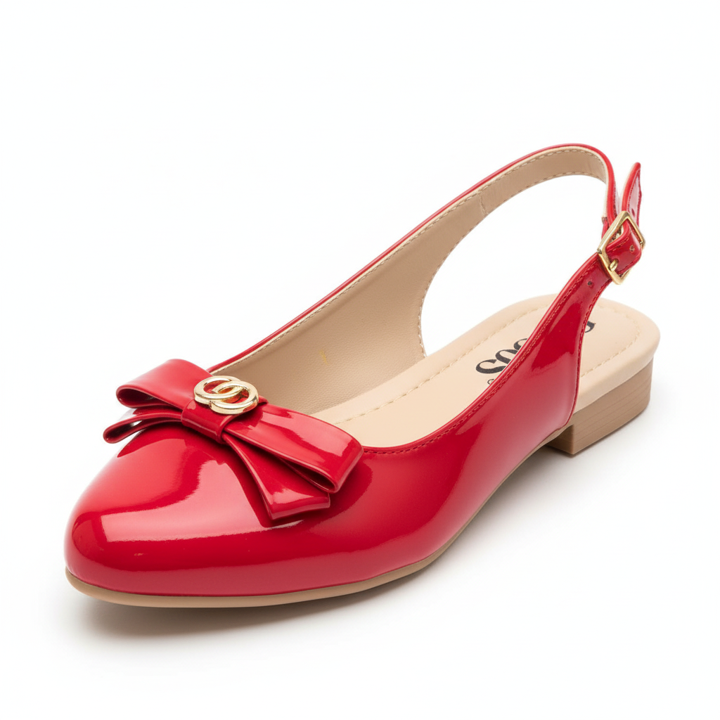 Vista angular frontal sandalia destalonada charol rojo con moño Ref 8143