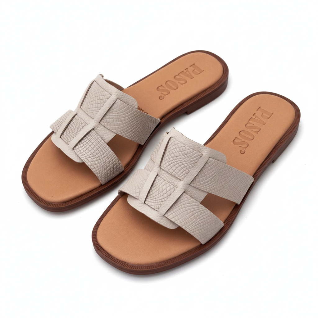 Vista angular frontal sandalia H-slide beige con textura serpiente
