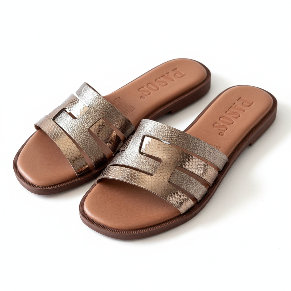 Vista angular frontal sandalia H-slide champaña con textura serpiente