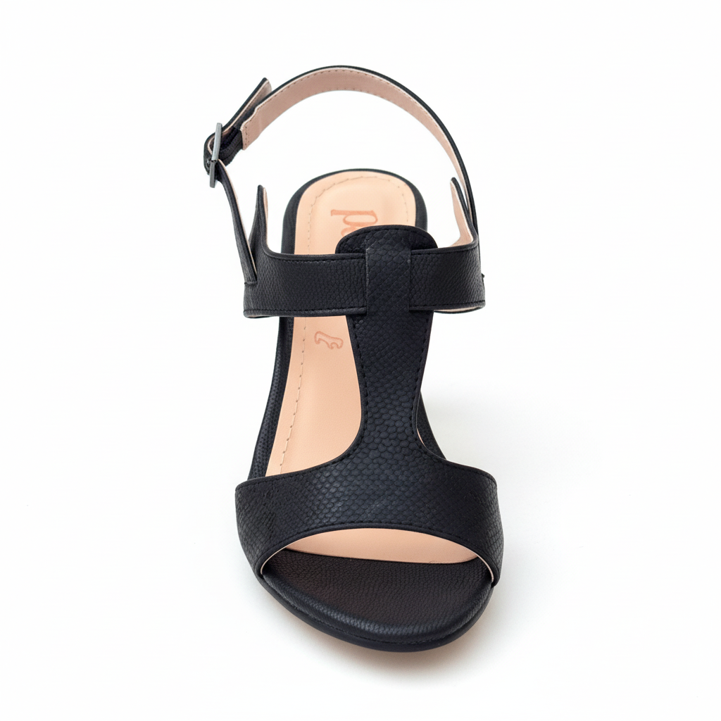 Vista angular frontal sandalia negra con diseño T-strap Ref 8115
