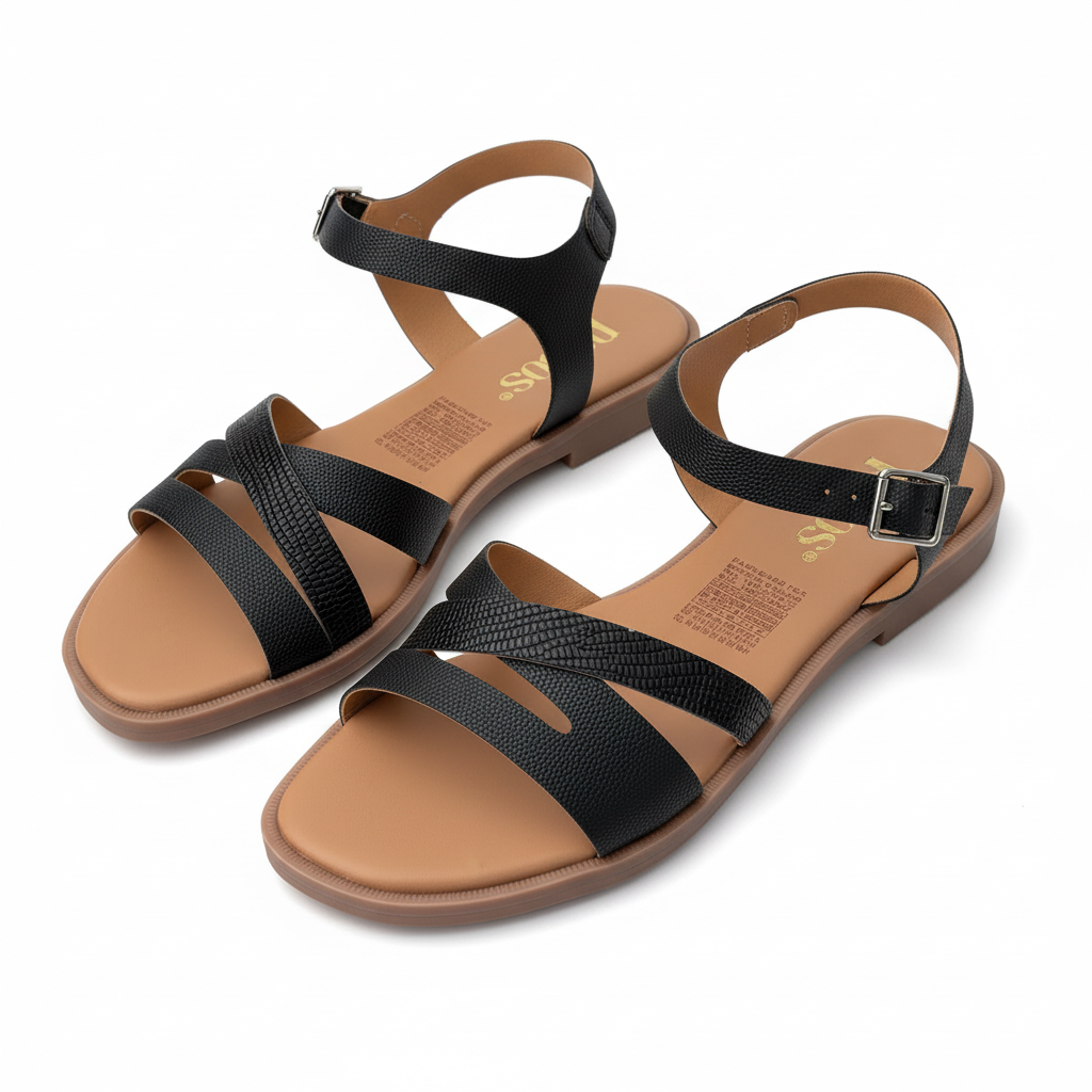 Vista angular frontal sandalia negra con tiras