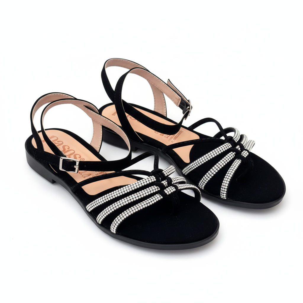 Vista angular frontal sandalia plana negra - exacta a la original