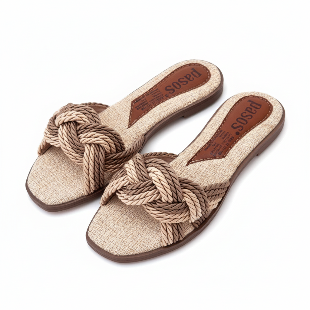 Vista angular frontal sandalia slide almendra - corregida