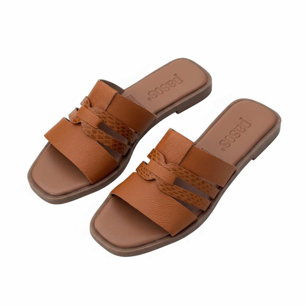 Vista angular frontal sandalia slide camel