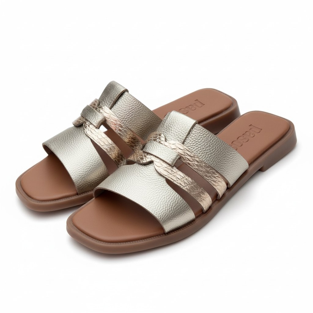 Vista angular frontal sandalia slide dorada