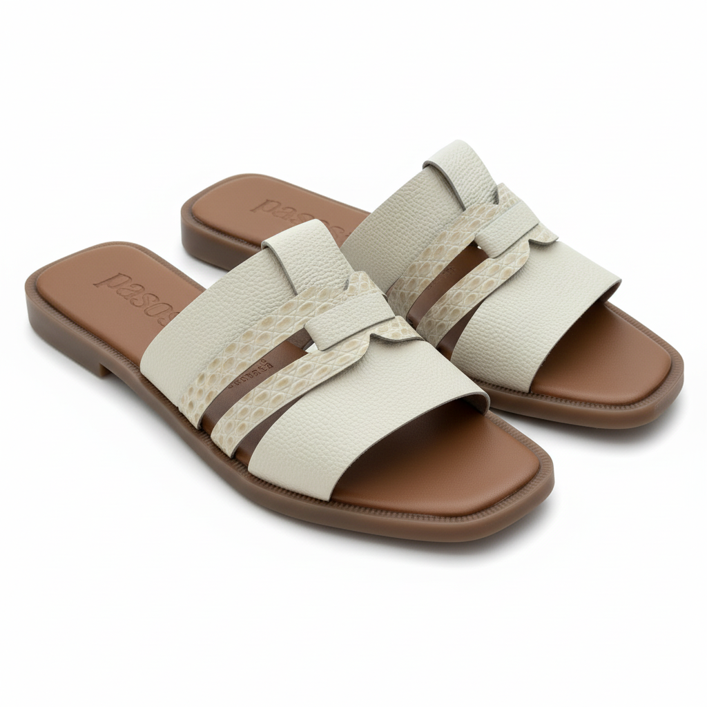 Vista angular frontal sandalia slide talco