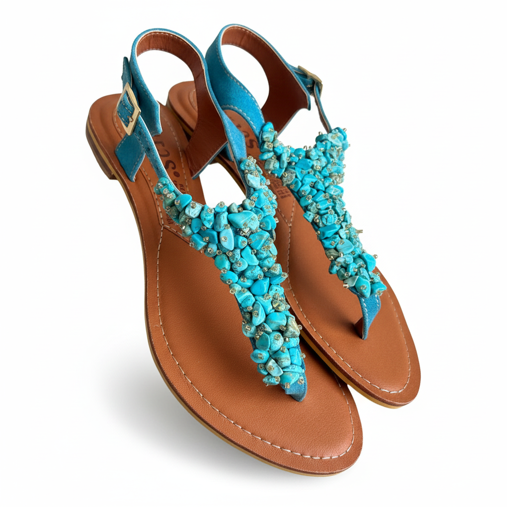 Vista angular frontal sandalia T-strap azul celeste con pedrería
