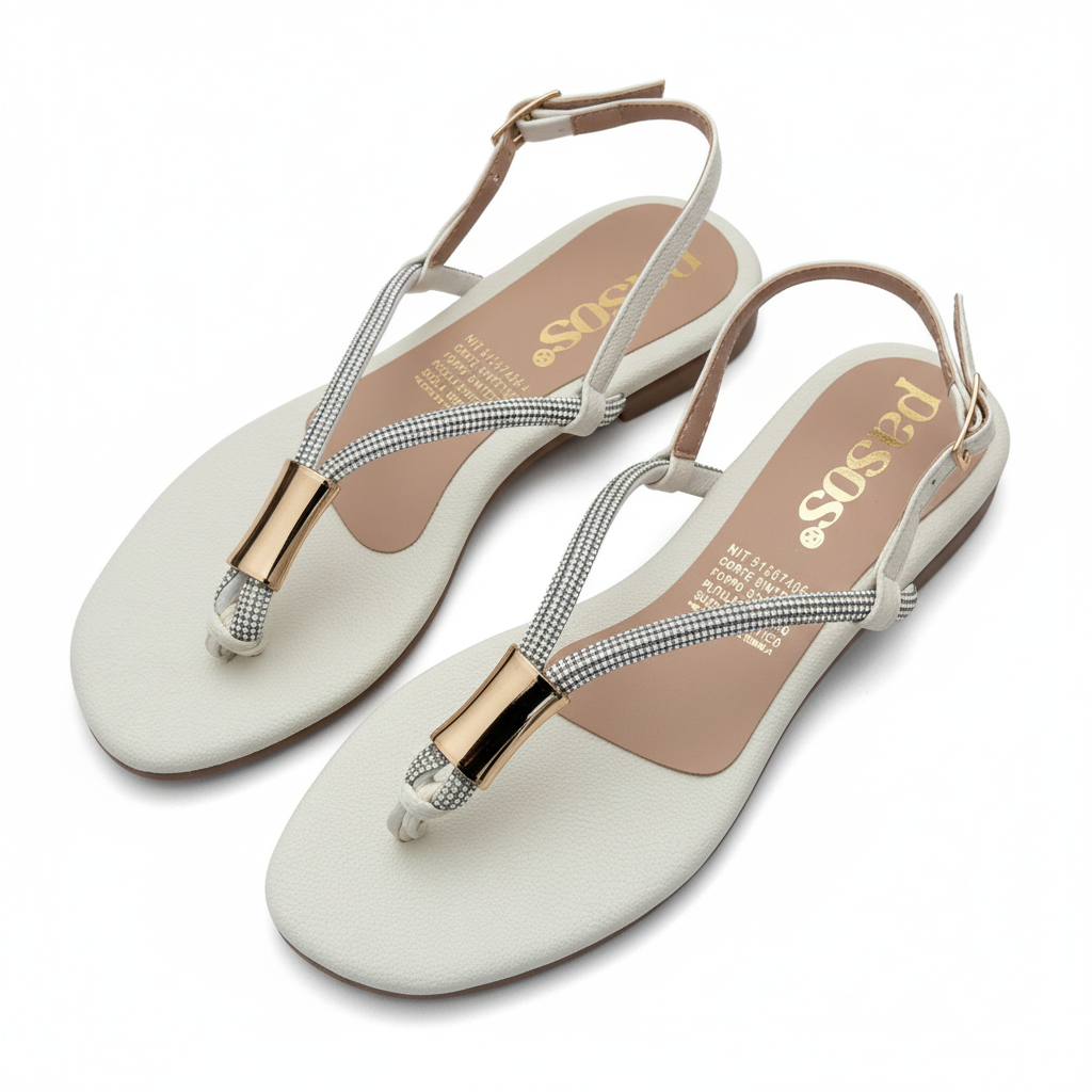 Vista angular frontal sandalia T-strap blanca con pedrería