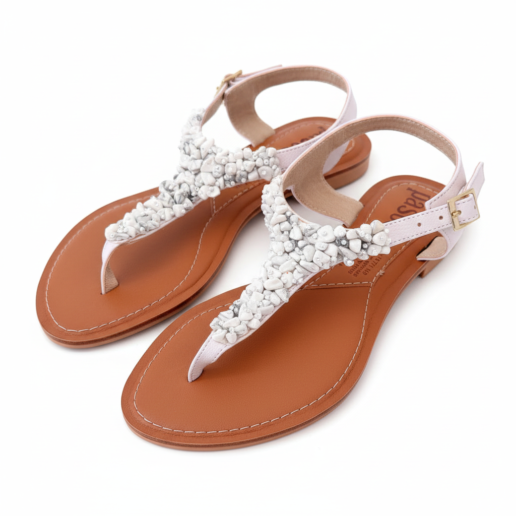 Vista angular frontal sandalia T-strap blanca con pedrería
