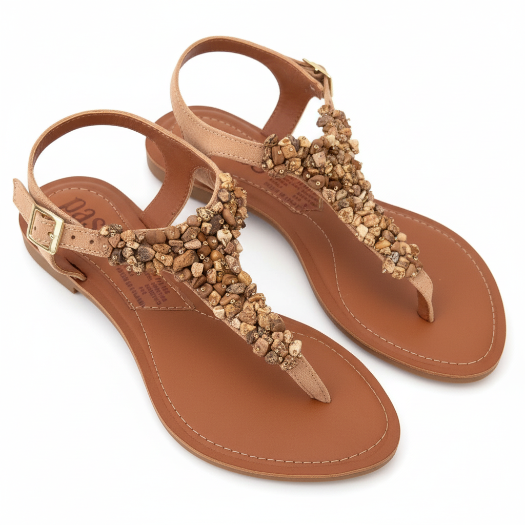 Vista angular frontal sandalia T-strap camel con pedrería
