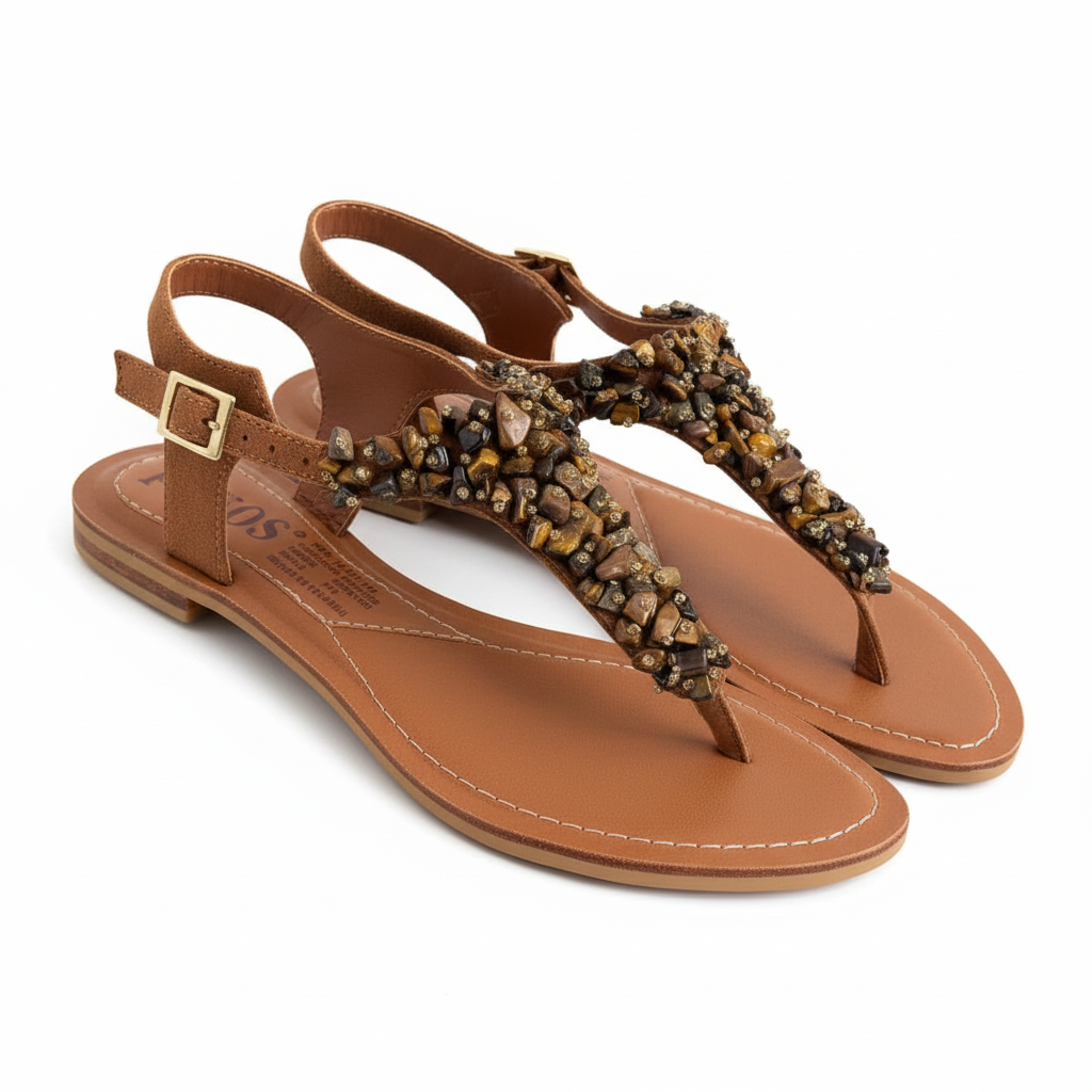 Vista angular frontal sandalia T-strap miel con pedrería