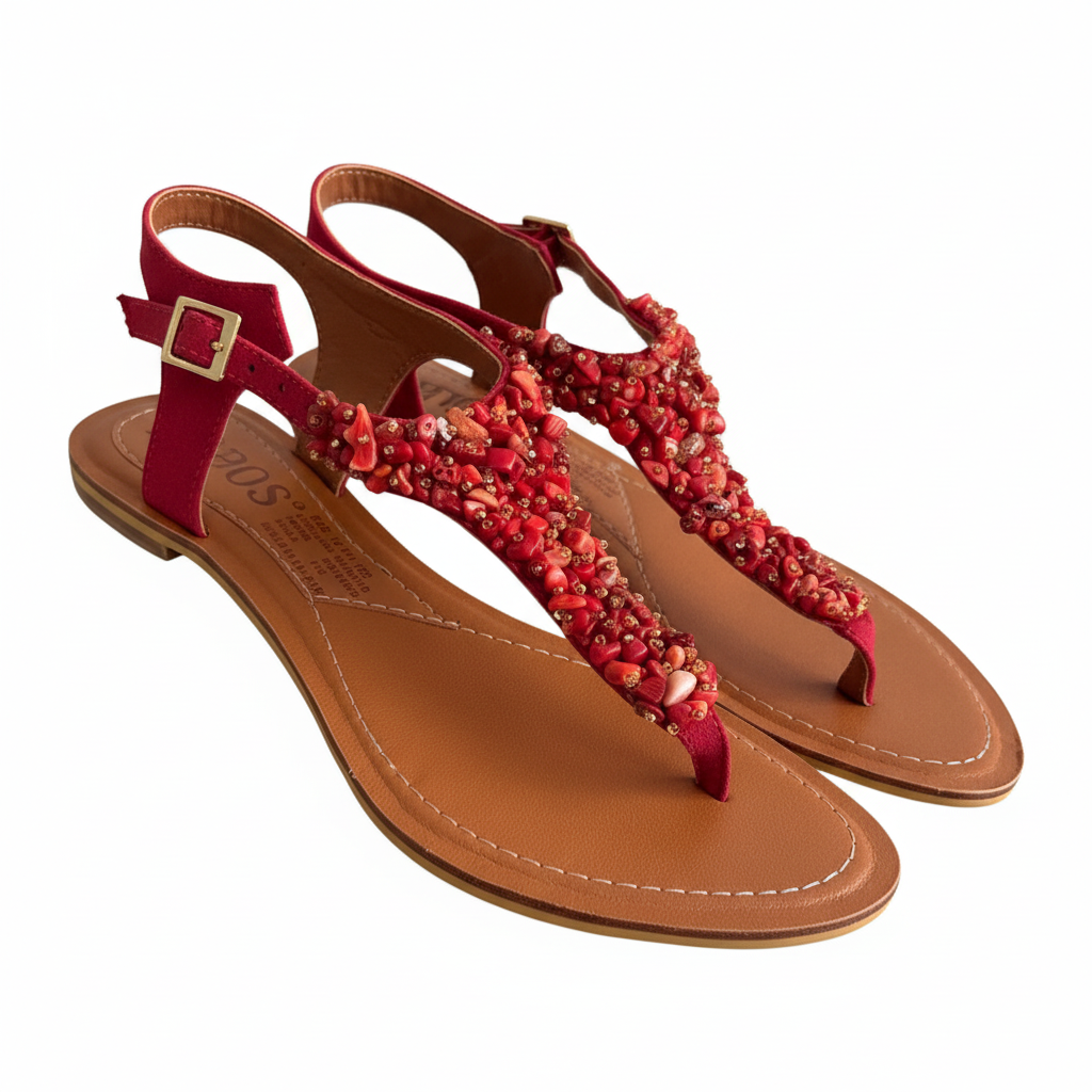 Vista angular frontal sandalia T-strap roja con pedrería
