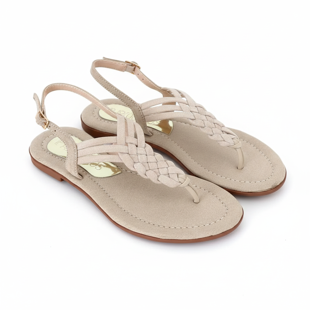 Vista angular frontal sandalia thong beige