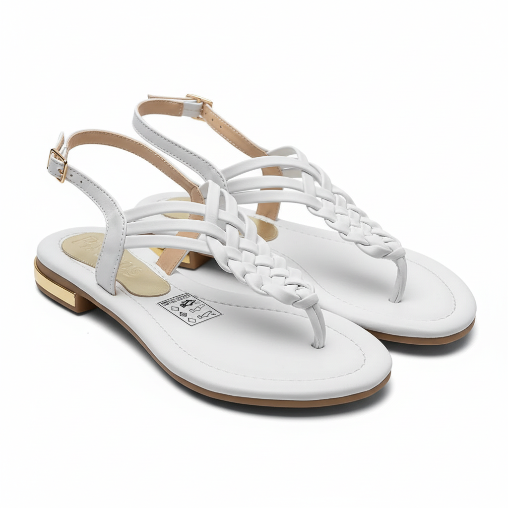 Vista angular frontal sandalia thong blanca