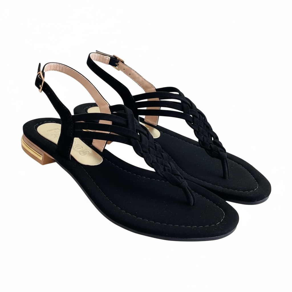 Vista angular frontal sandalia thong negra