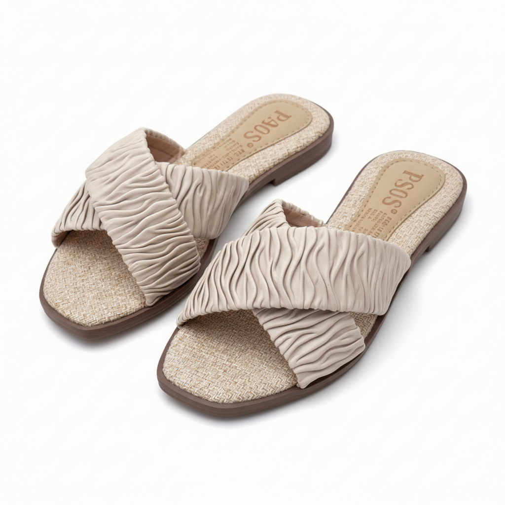 Vista angular frontal sandalia yute con correa plisada beige