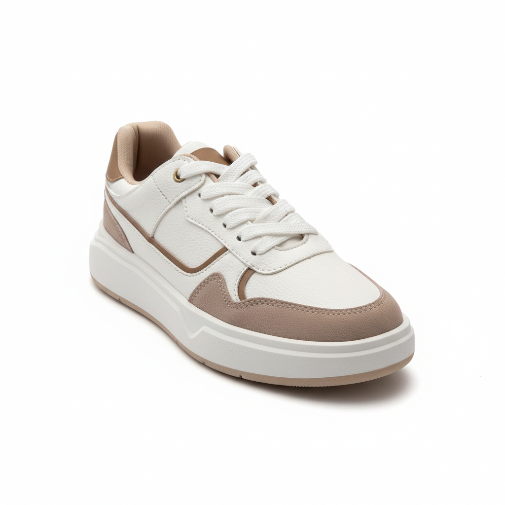 Vista angular frontal zapatilla deportiva blanca con detalles beige Ref 7932