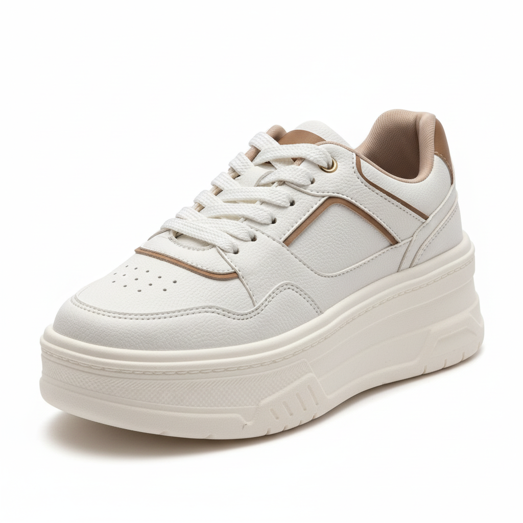 Vista angular frontal zapatilla deportiva blanca con detalles beige Ref 7943