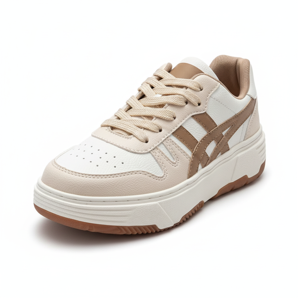 Vista angular frontal zapatilla deportiva blanca con detalles beige y café Ref 7983 - exacta a la imagen