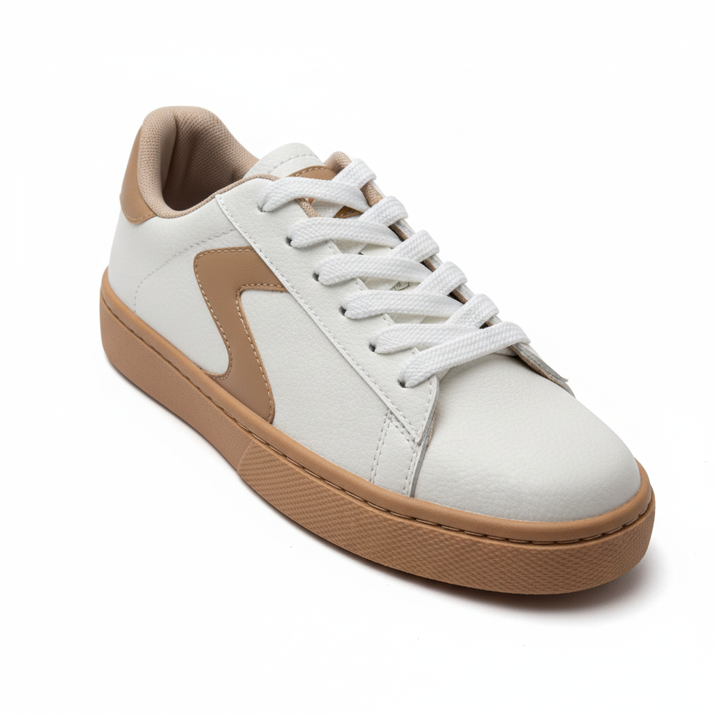Vista angular frontal zapatilla deportiva blanca con detalles camel Ref 8064 - exacta a la imagen