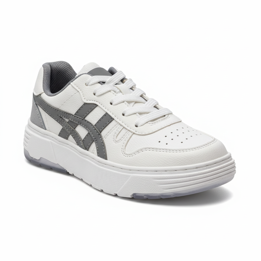 Vista angular frontal zapatilla deportiva blanca con detalles grises Ref 7983