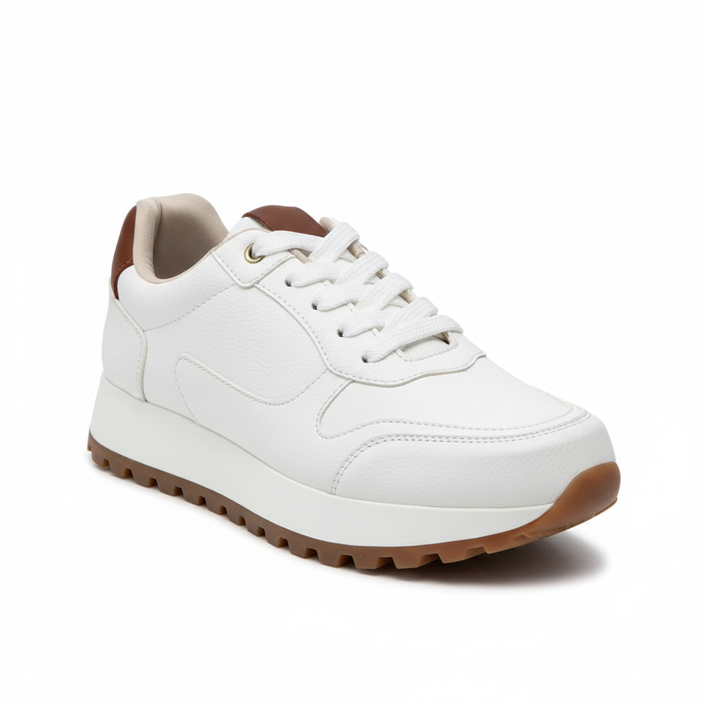 Vista angular frontal zapatilla deportiva blanca con detalles marrones Ref 7847
