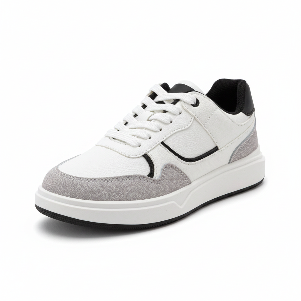 Vista angular frontal zapatilla deportiva blanca con detalles plateados Ref 7932