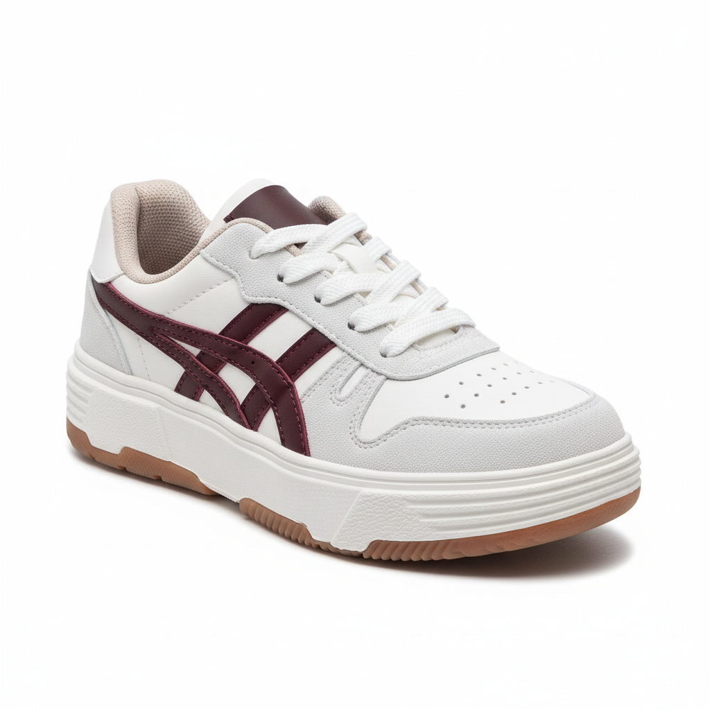 Vista angular frontal zapatilla deportiva blanca con detalles vinotinto Ref 7983 - exacta a la imagen