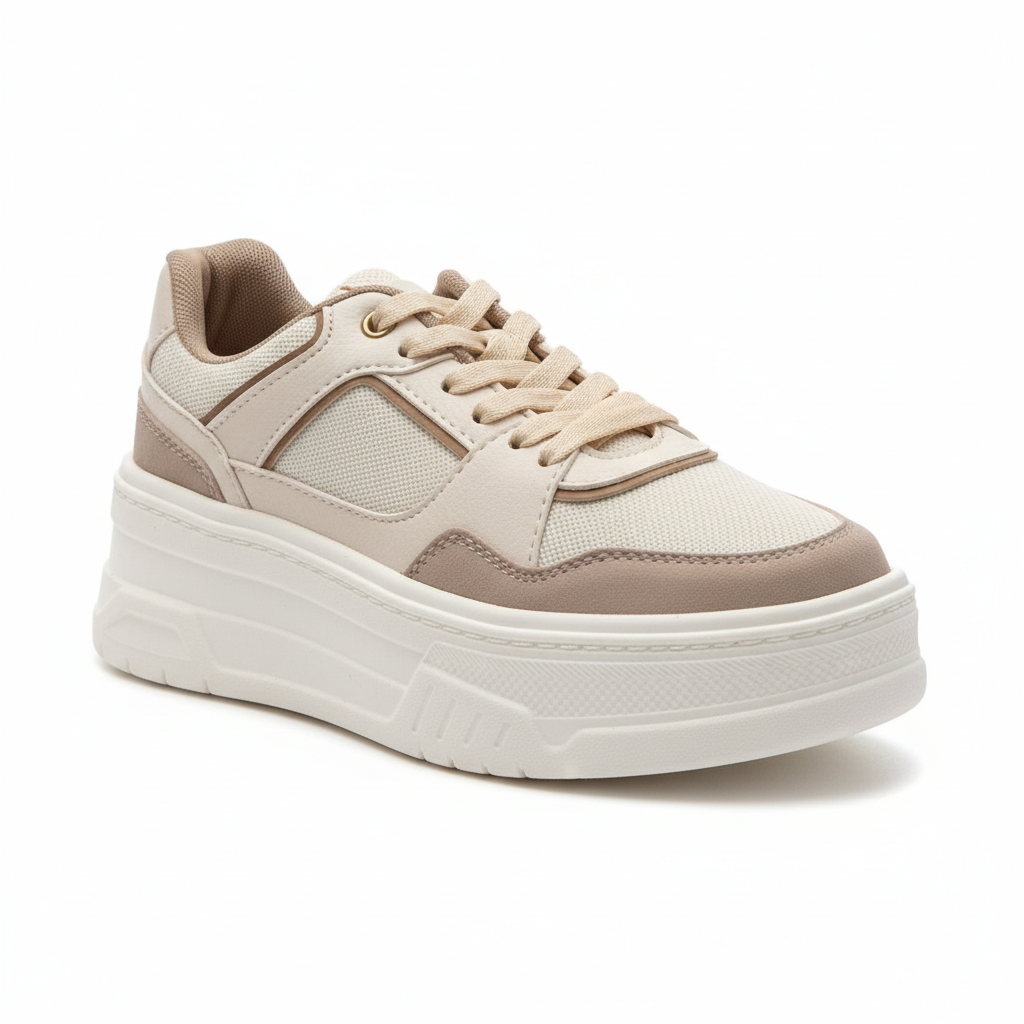 Vista angular frontal zapatilla deportiva completamente beige Ref 7943