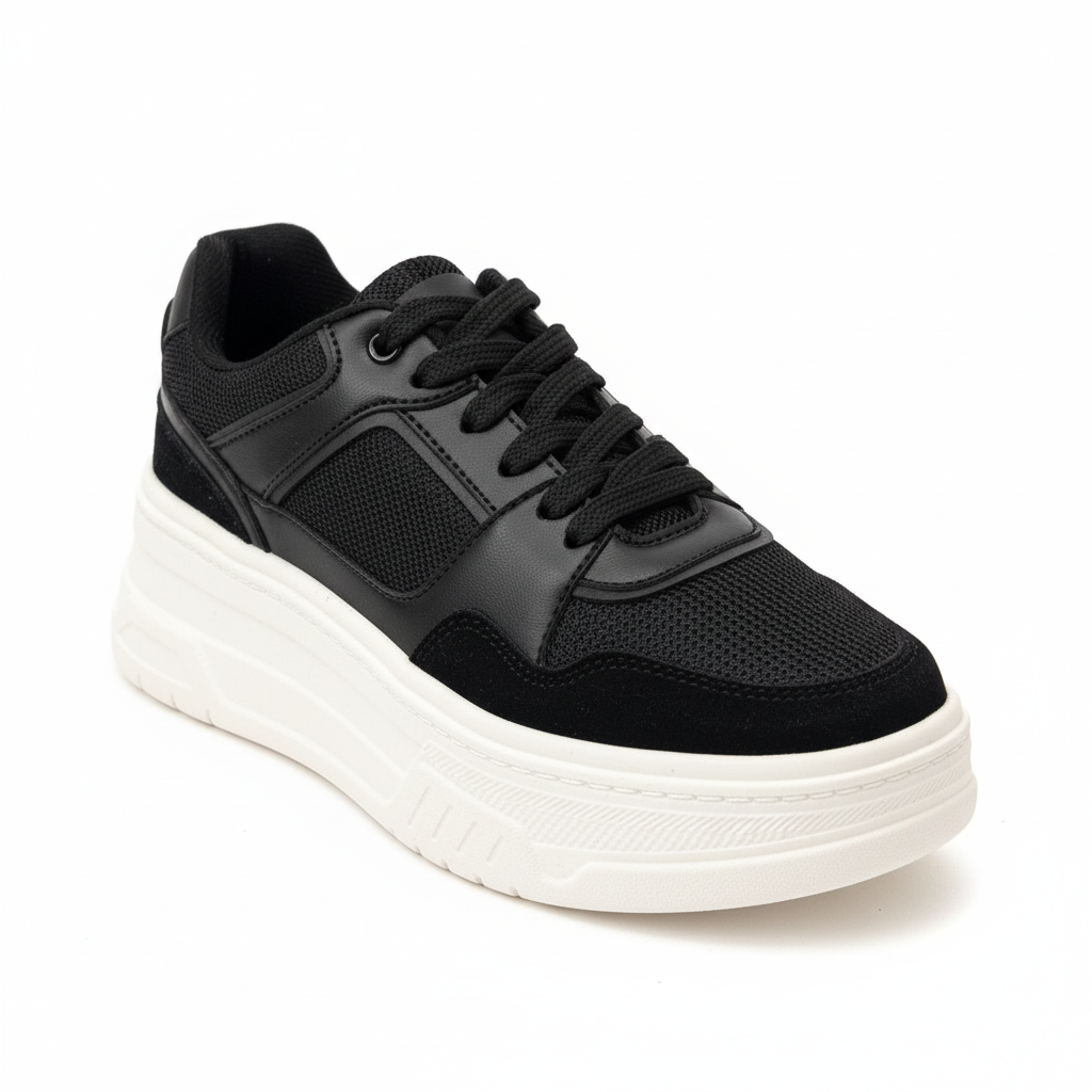 Vista angular frontal zapatilla deportiva completamente negra Ref 7943